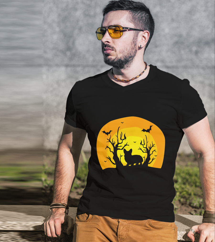 Corgi Dog Bat Halloween Silhouette With Moon And Trees T-Shirt