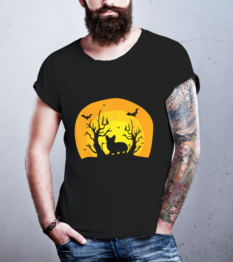 Corgi Dog Bat Halloween Silhouette With Moon And Trees T-Shirt