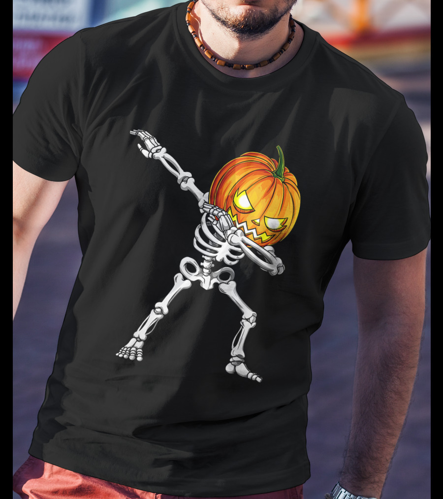 Halloween Dabbing Skeleton With Pumpkin Head T-Shirt