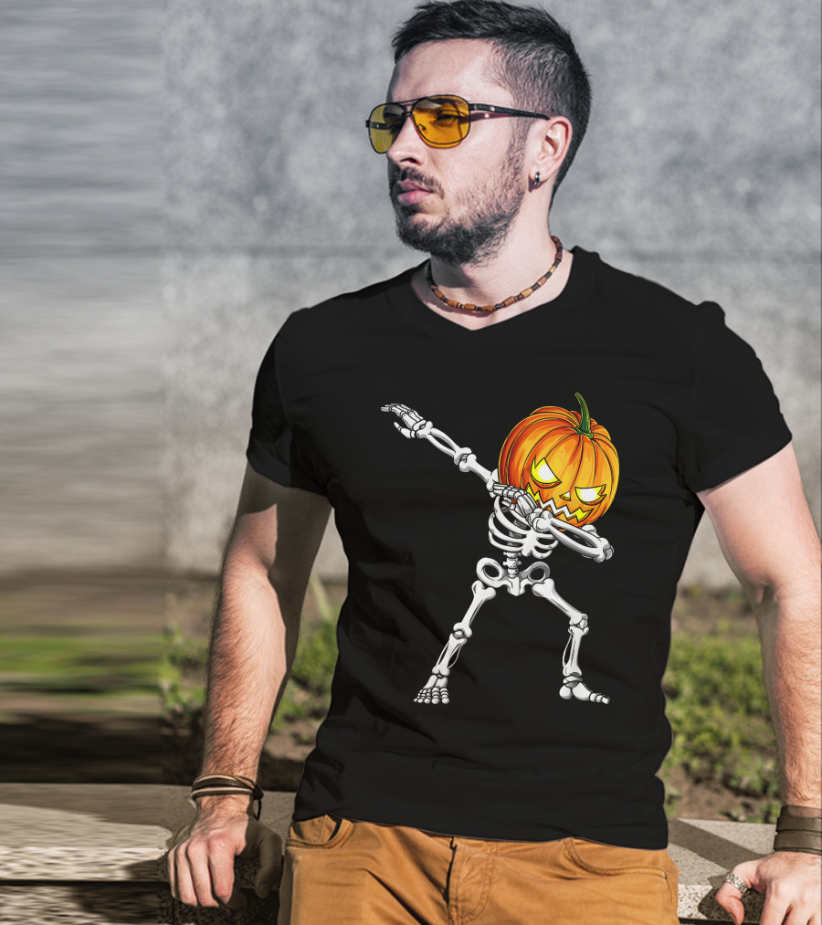 Halloween Dabbing Skeleton With Pumpkin Head T-Shirt