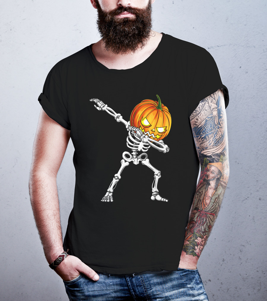 Halloween Dabbing Skeleton With Pumpkin Head T-Shirt