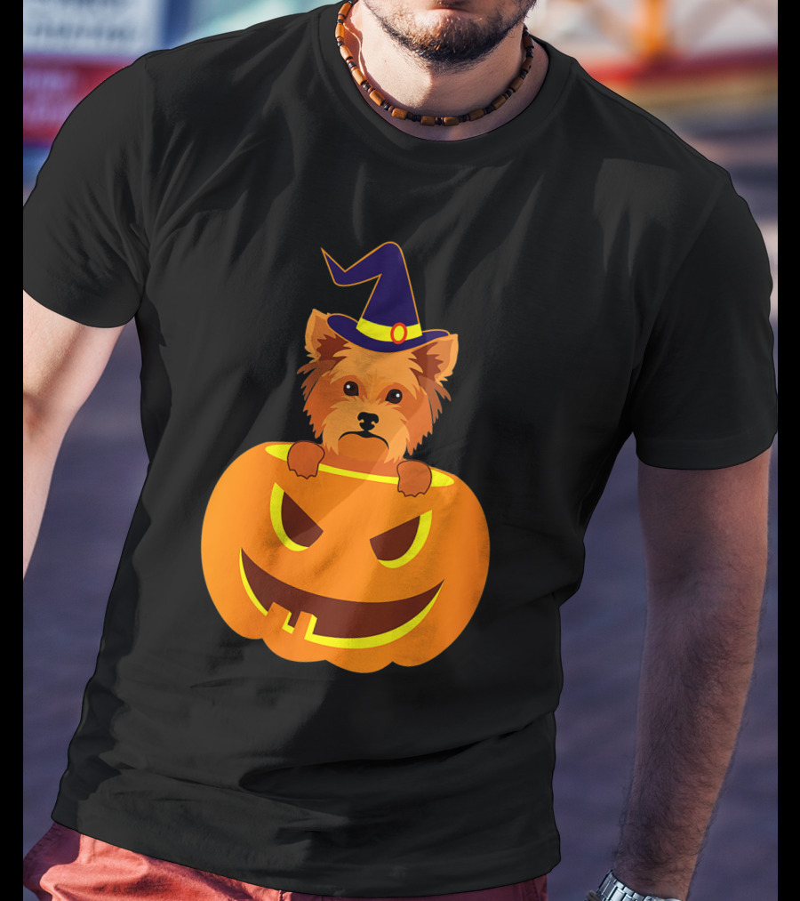 Yorkie Witch Hat Pumpkin Halloween Yorkshire Terrier T-Shirt