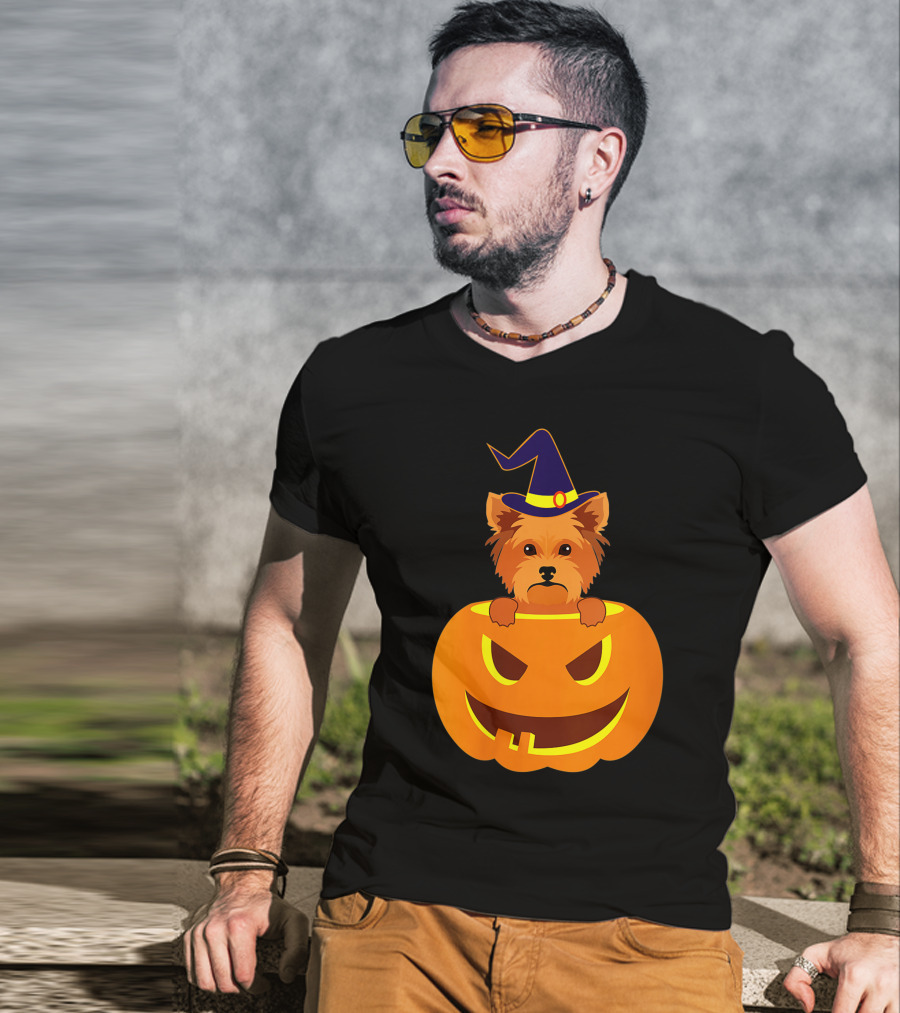 Yorkie Witch Hat Pumpkin Halloween Yorkshire Terrier T-Shirt