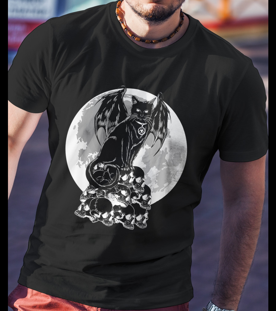 Halloween Cat Wings Skulls Moon Creepy Peace Sign T-Shirt
