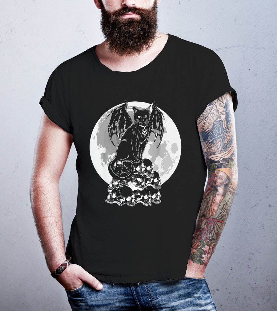 Halloween Cat Wings Skulls Moon Creepy Peace Sign T-Shirt