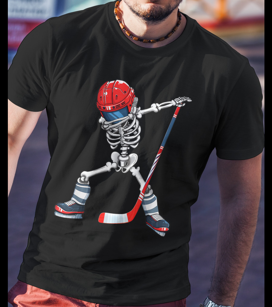 Dabbing Skeleton Ice Hockey Player Helmet And Stick T-Shirt
