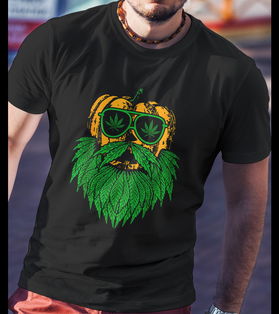 Weed Leaf Bearded Pumpkin With Sunglasses Costume Cool T-Shirt