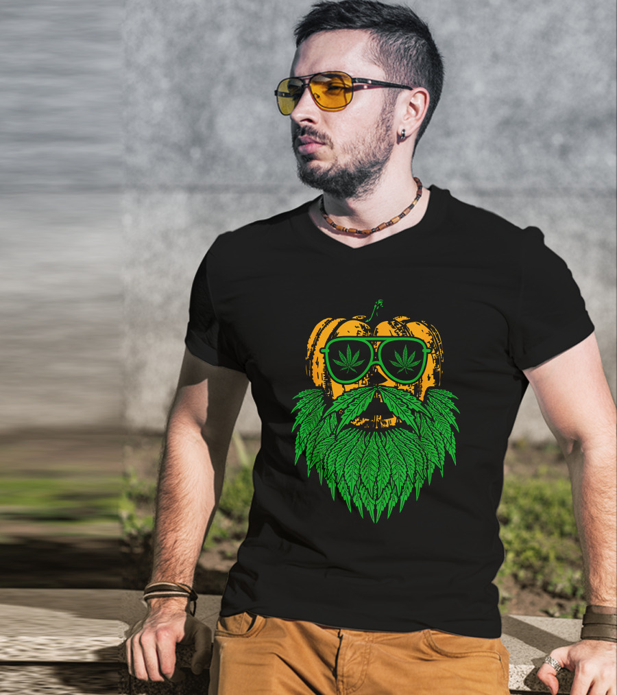 Weed Leaf Bearded Pumpkin With Sunglasses Costume Cool T-Shirt