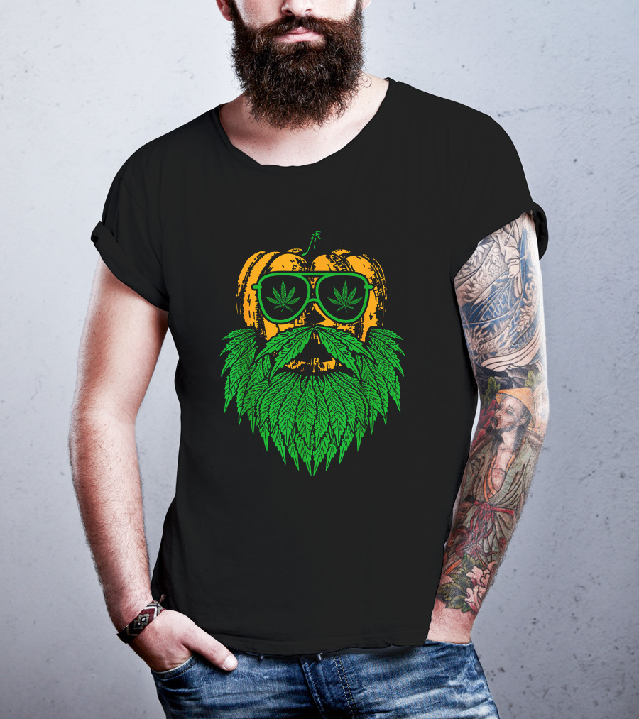 Weed Leaf Bearded Pumpkin With Sunglasses Costume Cool T-Shirt
