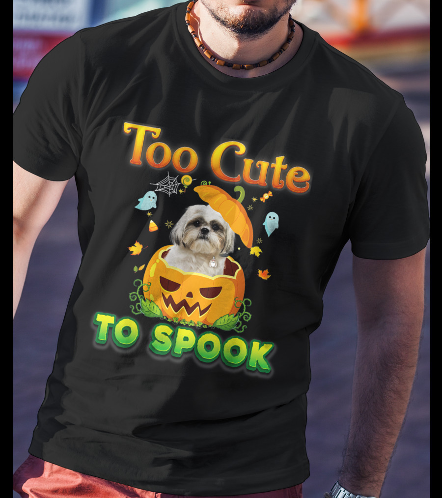 Too Cute To Spook Shih Tzu Dog In Pumpkin Halloween Ghost Leaves T-Shirt