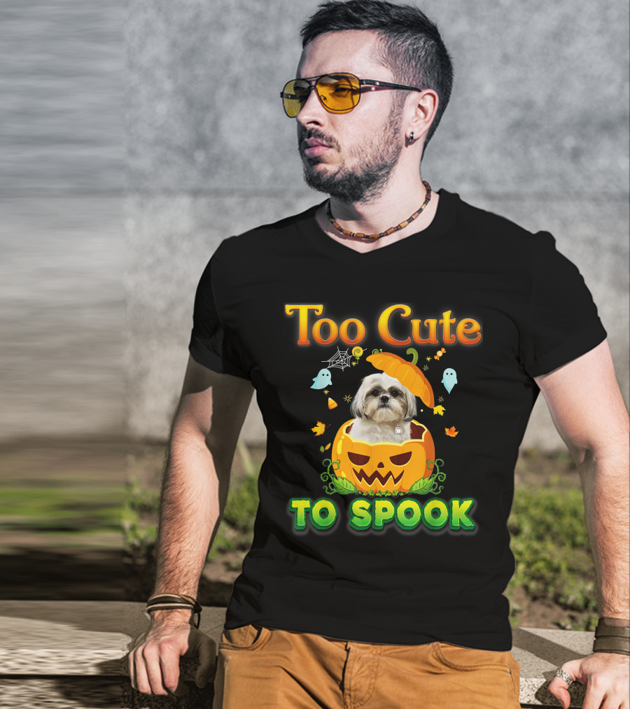Too Cute To Spook Shih Tzu Dog In Pumpkin Halloween Ghost Leaves T-Shirt