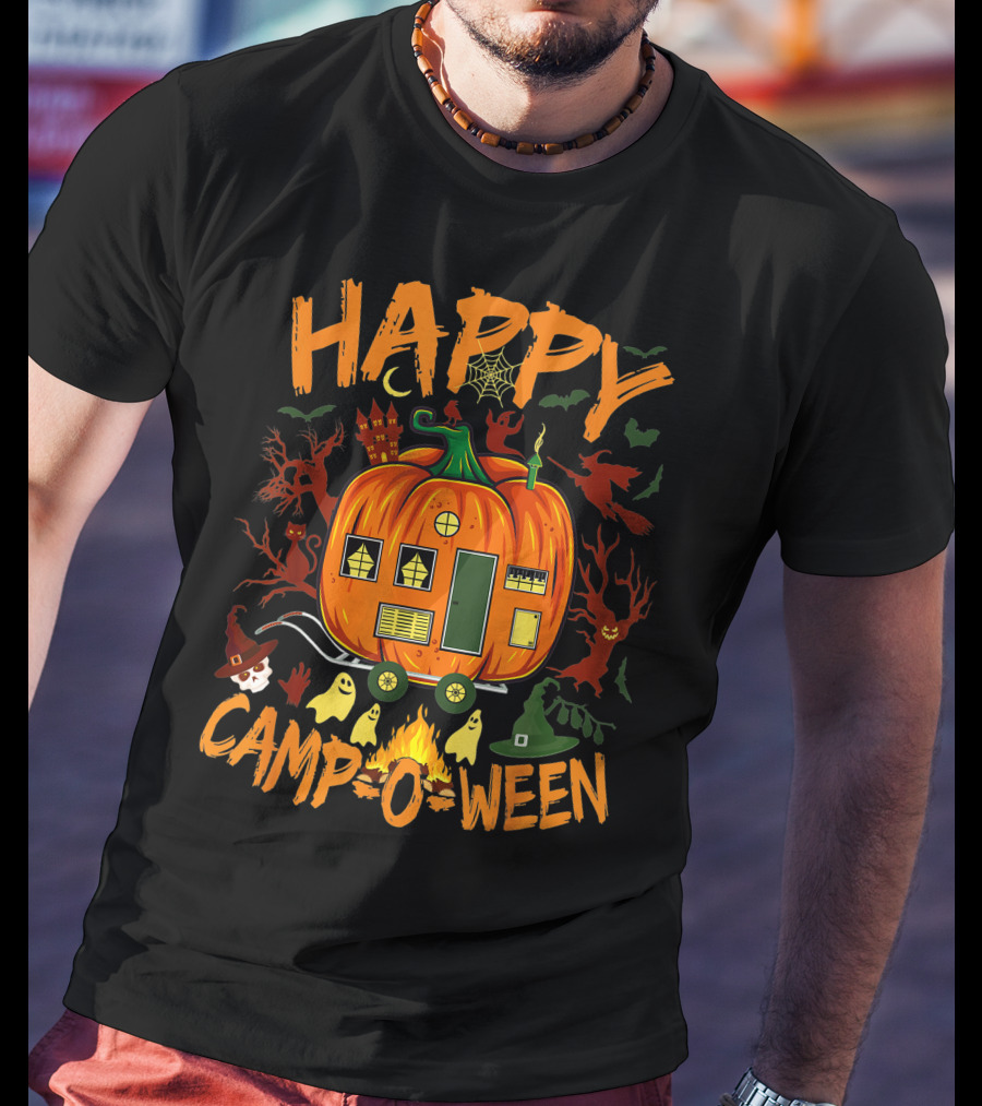 Happy Camp O Ween Funny Halloween Camping Camper Pumpkin Ghosts Witch Hat Spooky Fire T-Shirt