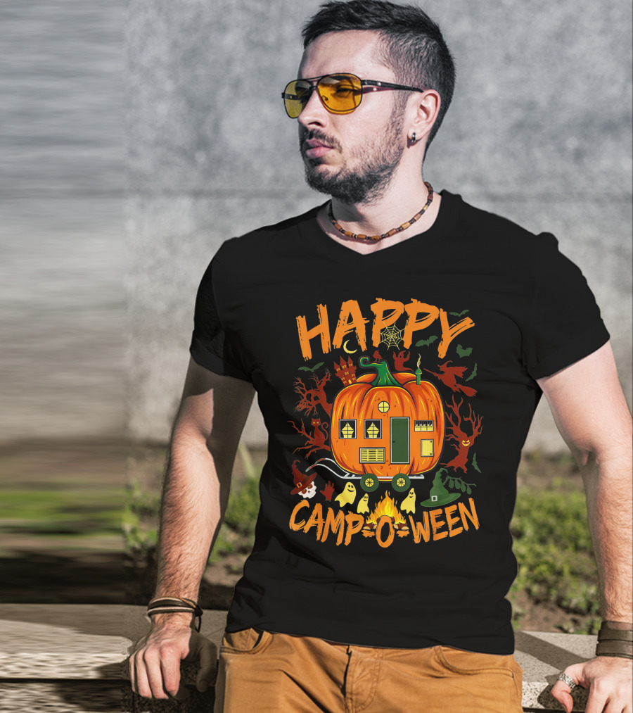 Happy Camp O Ween Funny Halloween Camping Camper Pumpkin Ghosts Witch Hat Spooky Fire T-Shirt