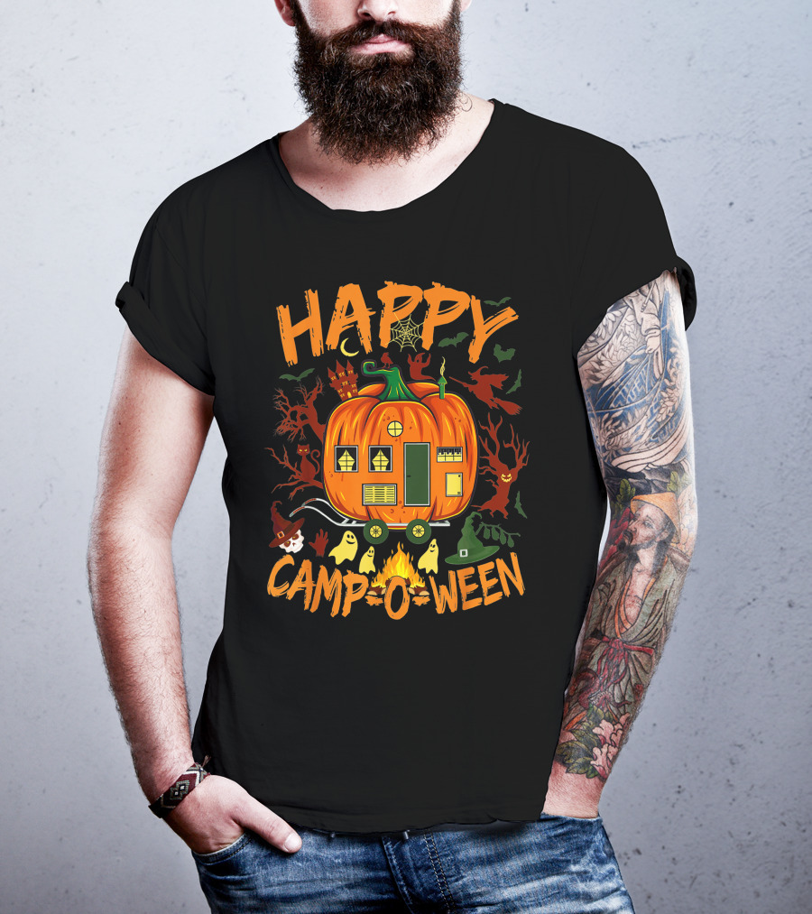 Happy Camp O Ween Funny Halloween Camping Camper Pumpkin Ghosts Witch Hat Spooky Fire T-Shirt