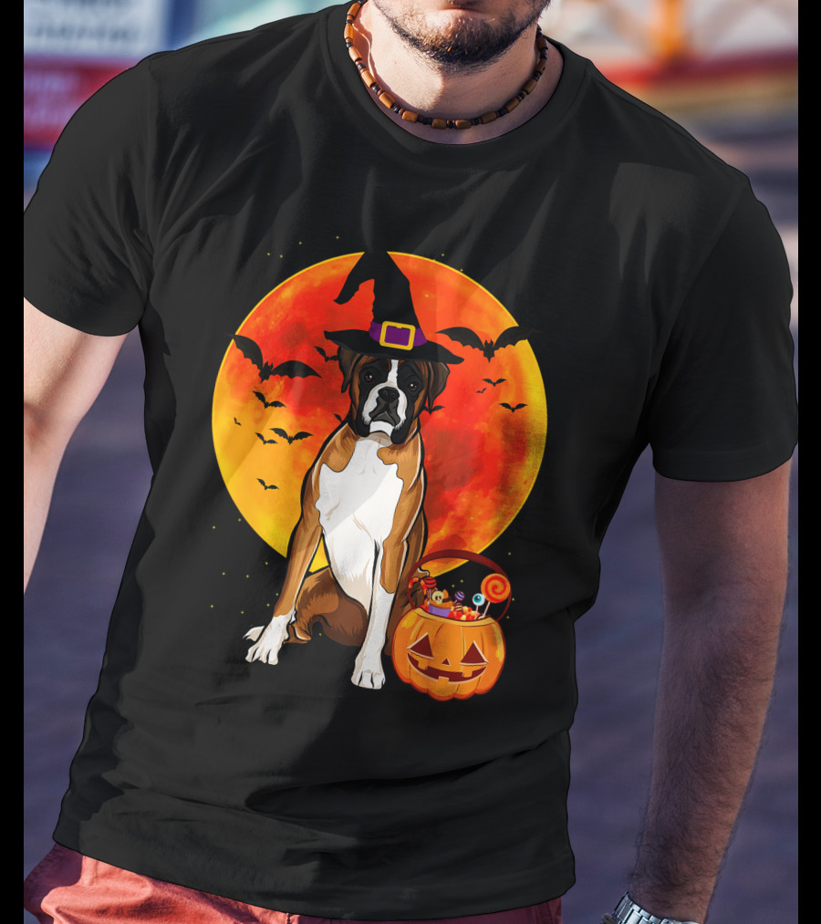 Boxer Dog With Witch Hat Pumpkin Full Moon Halloween Bats T-Shirt
