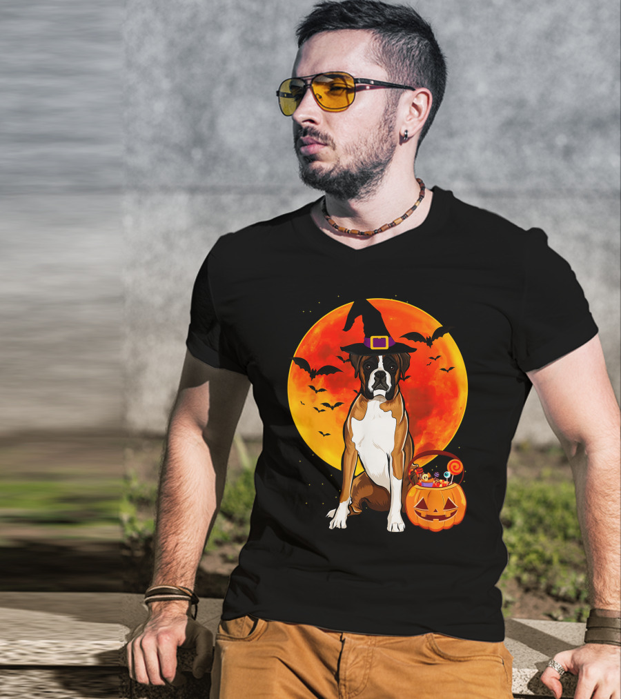 Boxer Dog With Witch Hat Pumpkin Full Moon Halloween Bats T-Shirt