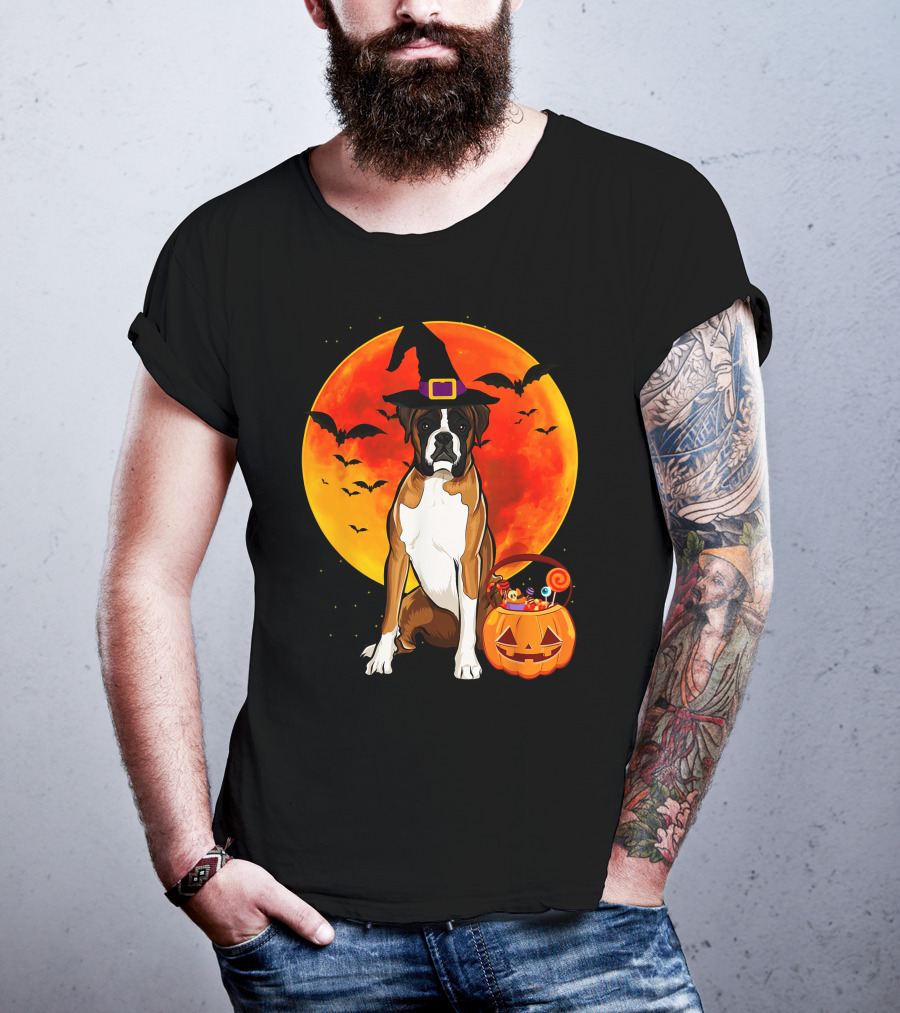 Boxer Dog With Witch Hat Pumpkin Full Moon Halloween Bats T-Shirt