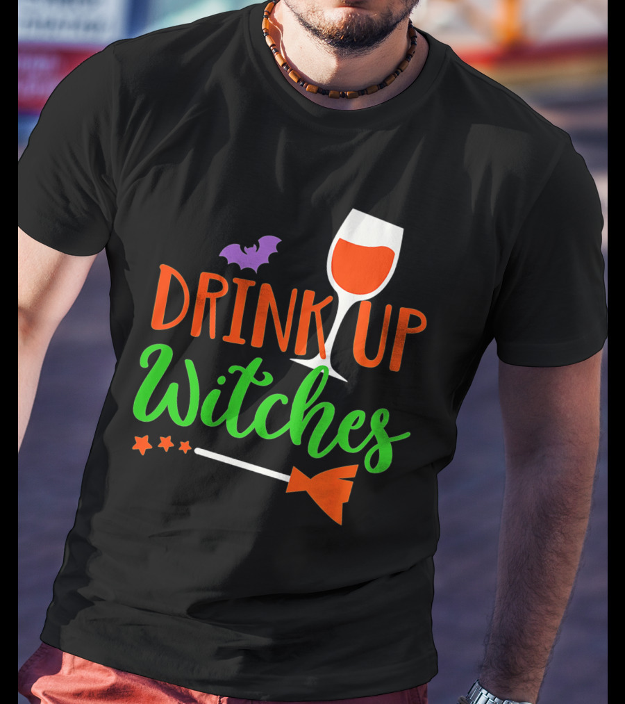 Drink Up Witches Halloween Vintage Family Wine Glass Broomstick Bat T-Shirt