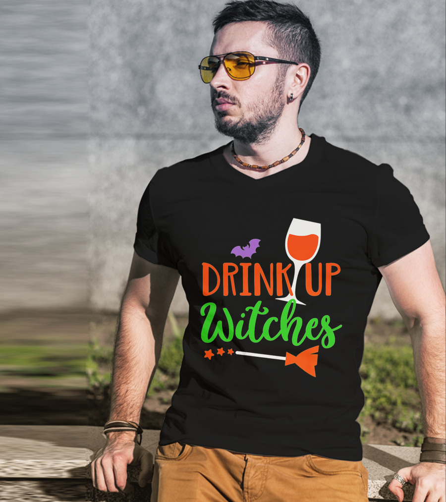Drink Up Witches Halloween Vintage Family Wine Glass Broomstick Bat T-Shirt