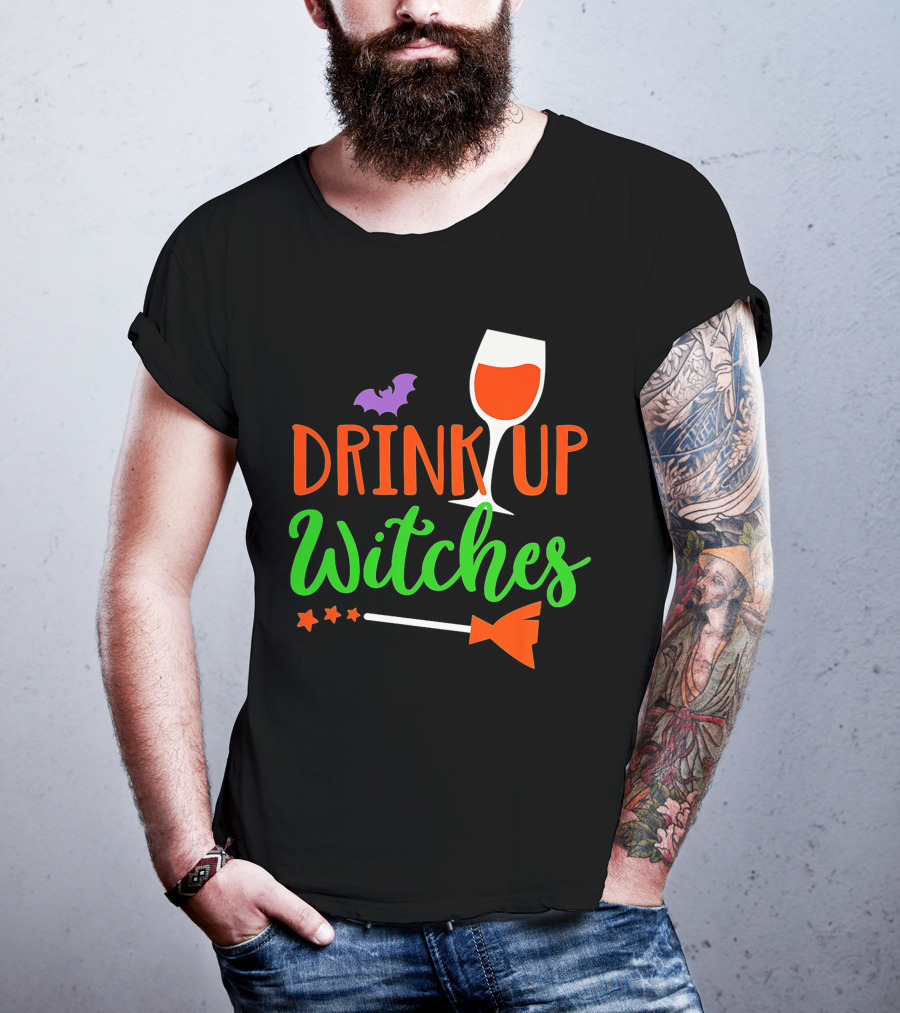 Drink Up Witches Halloween Vintage Family Wine Glass Broomstick Bat T-Shirt