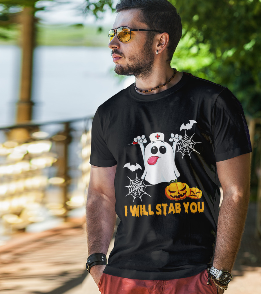 I Will Stab You Funny Nurse Ghost With Pumpkins And Bats T-Shirt