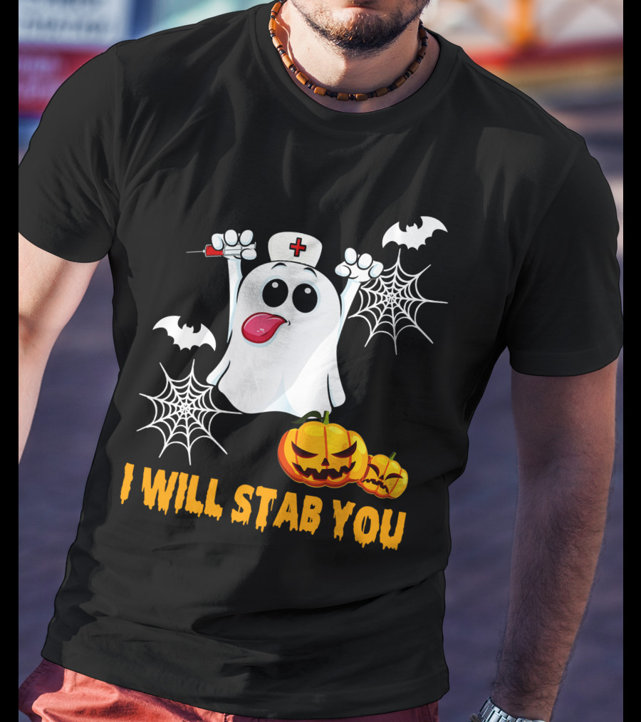 I Will Stab You Funny Nurse Ghost With Pumpkins And Bats T-Shirt