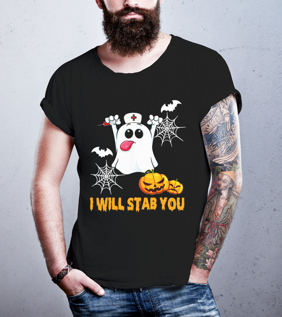 I Will Stab You Funny Nurse Ghost With Pumpkins And Bats T-Shirt