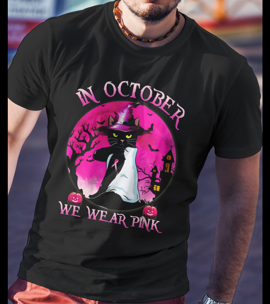 In October We Wear Pink Cat Halloween Pink Ribbon Moon Bats Jack O'Lanterns T-Shirt