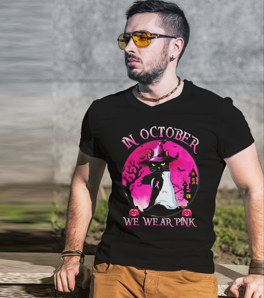 In October We Wear Pink Cat Halloween Pink Ribbon Moon Bats Jack O'Lanterns T-Shirt