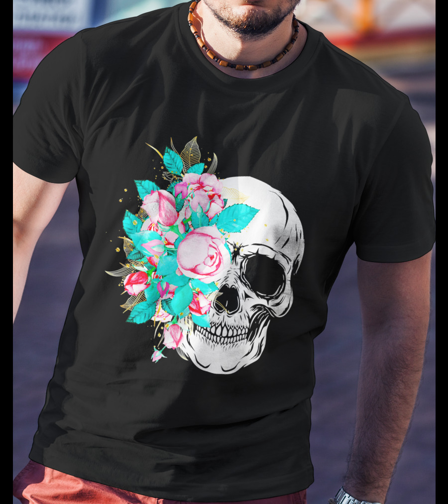 Flower Skull Floral Fusion With Vintage Rose Elements T-Shirt