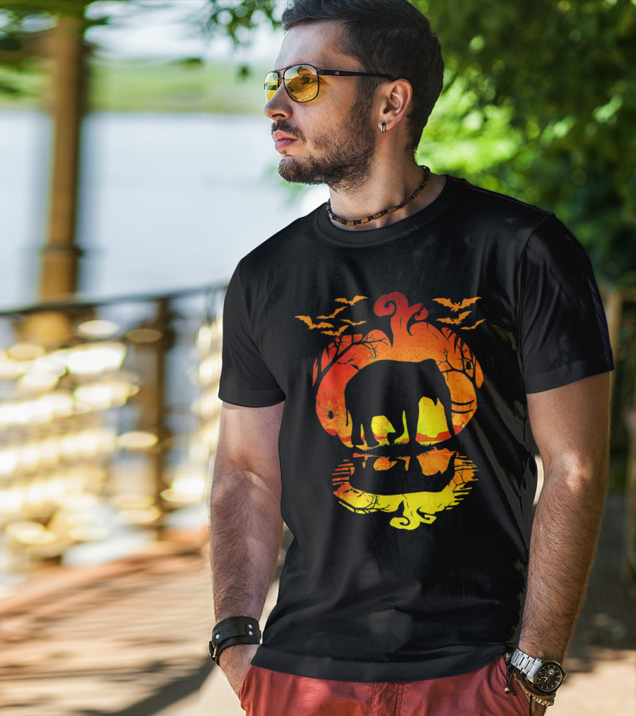 Elephant Silhouette Pumpkin Reflection With Bats And Trees T-Shirt