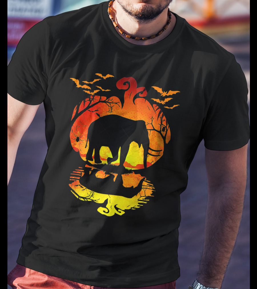 Elephant Silhouette Pumpkin Reflection With Bats And Trees T-Shirt