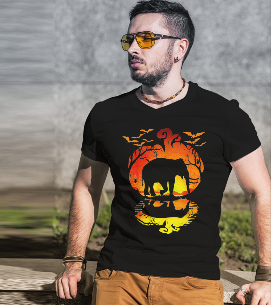 Elephant Silhouette Pumpkin Reflection With Bats And Trees T-Shirt