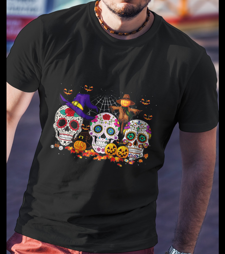 Sugar Skull Halloween Pumpkins And Scarecrow Scene T-Shirt