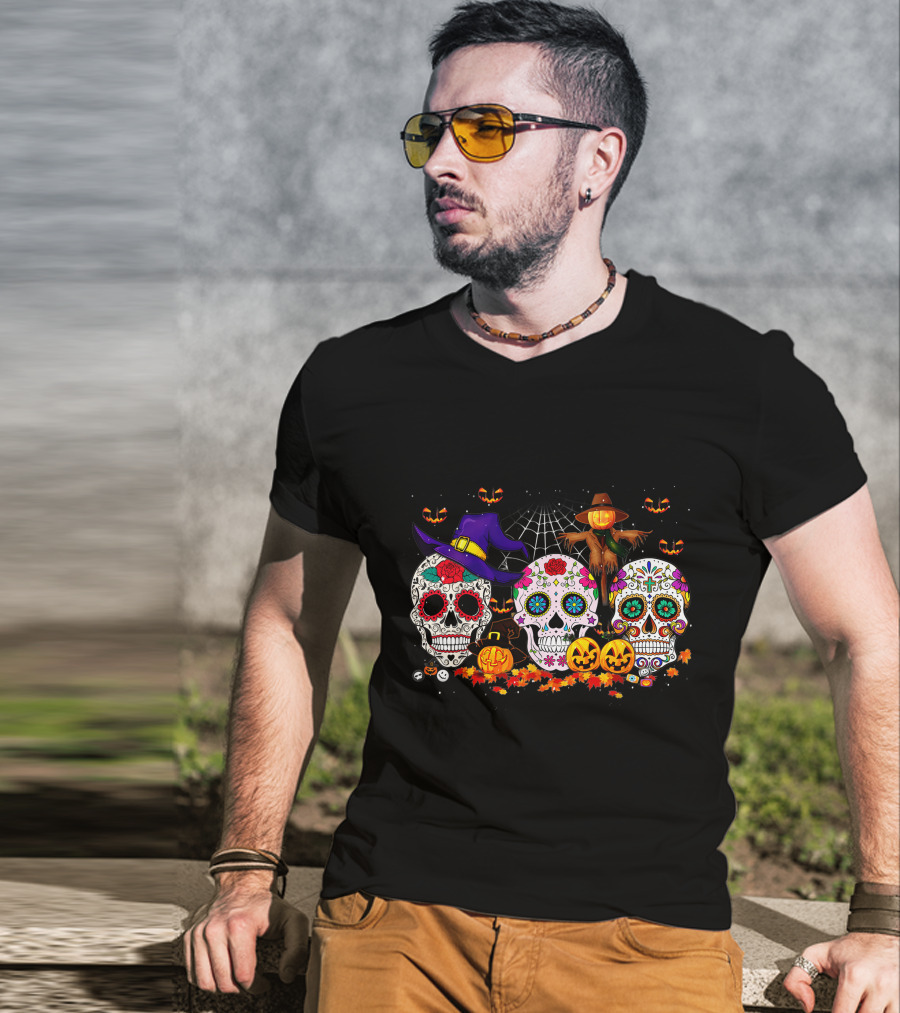 Sugar Skull Halloween Pumpkins And Scarecrow Scene T-Shirt