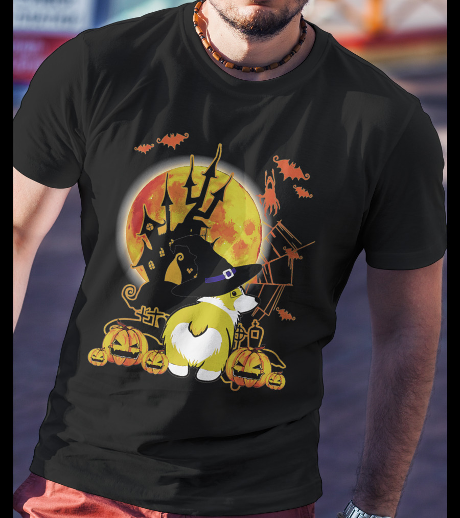 Corgi Dog Lovers Funny Dog Halloween Witch Moon Pumpkins Haunted House Bats T-Shirt