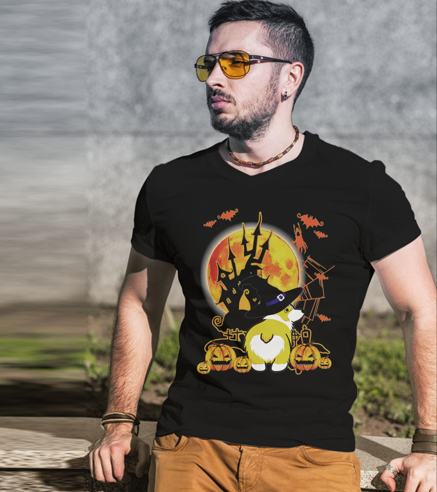Corgi Dog Lovers Funny Dog Halloween Witch Moon Pumpkins Haunted House Bats T-Shirt