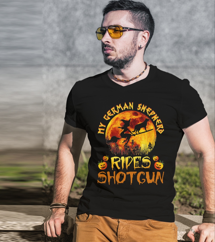 My German Shepherd Rides Shotgun Witch Halloween Pumpkins Moon T-Shirt