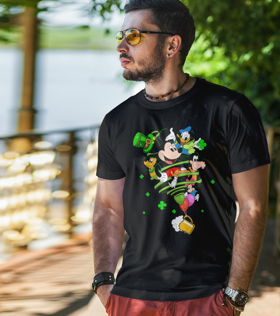 Mickey Mouse Donald Duck Goofy St. Patrick's Day Celebration With Shamrocks And Beer Mug T-Shirt