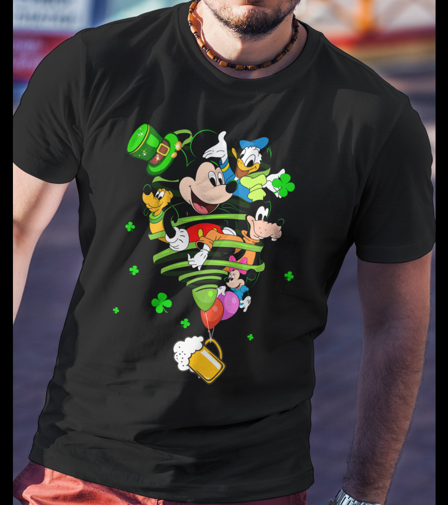 Mickey Mouse Donald Duck Goofy St. Patrick's Day Celebration With Shamrocks And Beer Mug T-Shirt