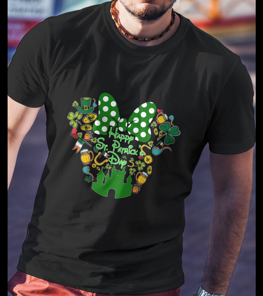 Happy St. Patrick's Day Green White Polka Dot Bow And Shamrocks T-Shirt