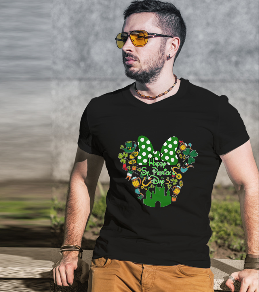 Happy St. Patrick's Day Green White Polka Dot Bow And Shamrocks T-Shirt