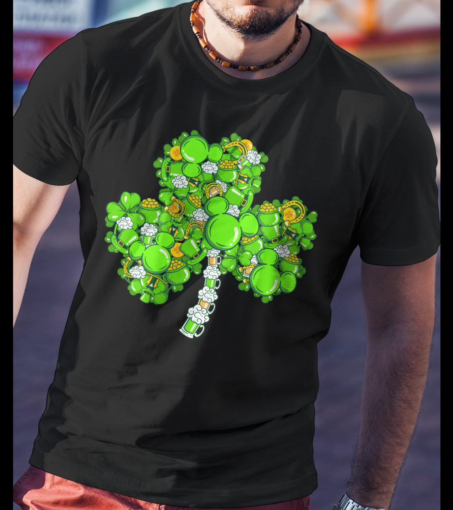 Shamrock Mickey Mouse St. Patrick's Day Beer Mugs And Gold Coins T-Shirt