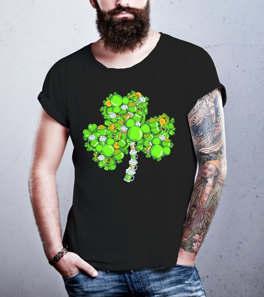 Shamrock Mickey Mouse St. Patrick's Day Beer Mugs And Gold Coins T-Shirt