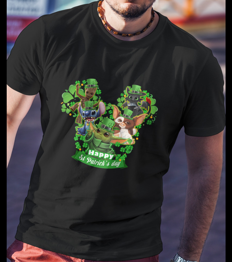 BBYD And Friends Happy St Patrick's Day Groot Gizmo Stitch Mandalorian Baby Yoda Toothless T-Shirt