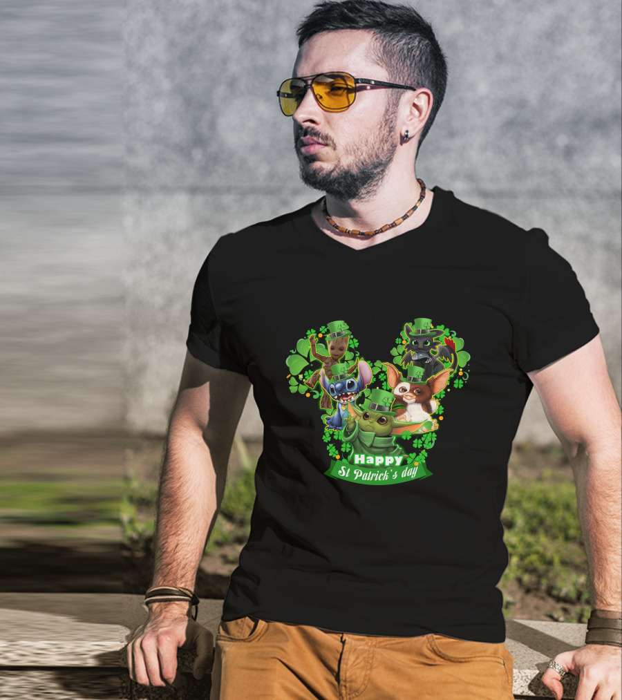 BBYD And Friends Happy St Patrick's Day Groot Gizmo Stitch Mandalorian Baby Yoda Toothless T-Shirt