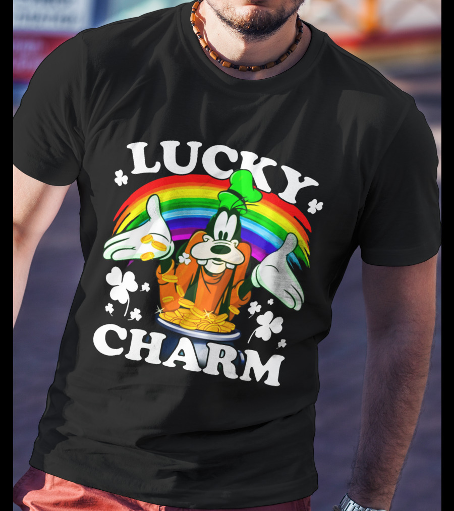Lucky Charm Goofy With Rainbow And Gold Coins T-Shirt