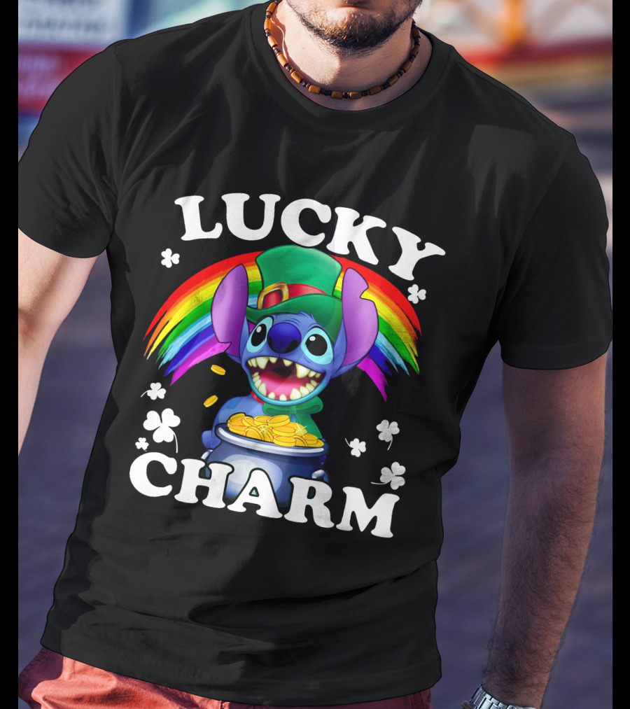 Lucky Charm Stitch Rainbow Gold Coins Shamrocks T-Shirt