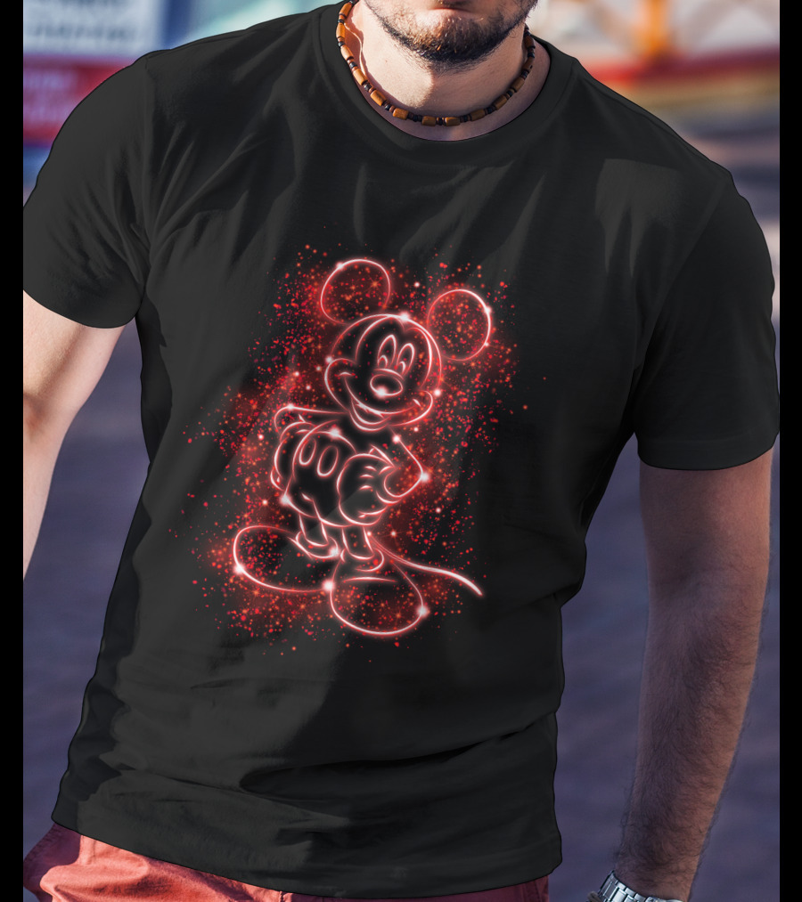 MK Light Neon Mickey Mouse Outline Red Sparkles T-Shirt