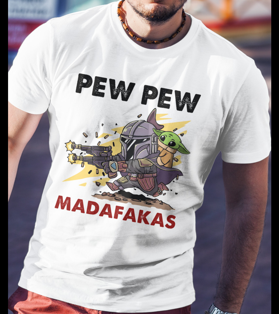 Pew Pew Madafakas Mandalorian Baby Yoda Gun Firing Scene T-Shirt